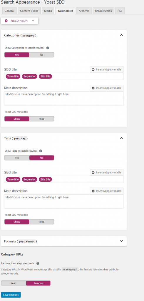 Yoast SEO settings